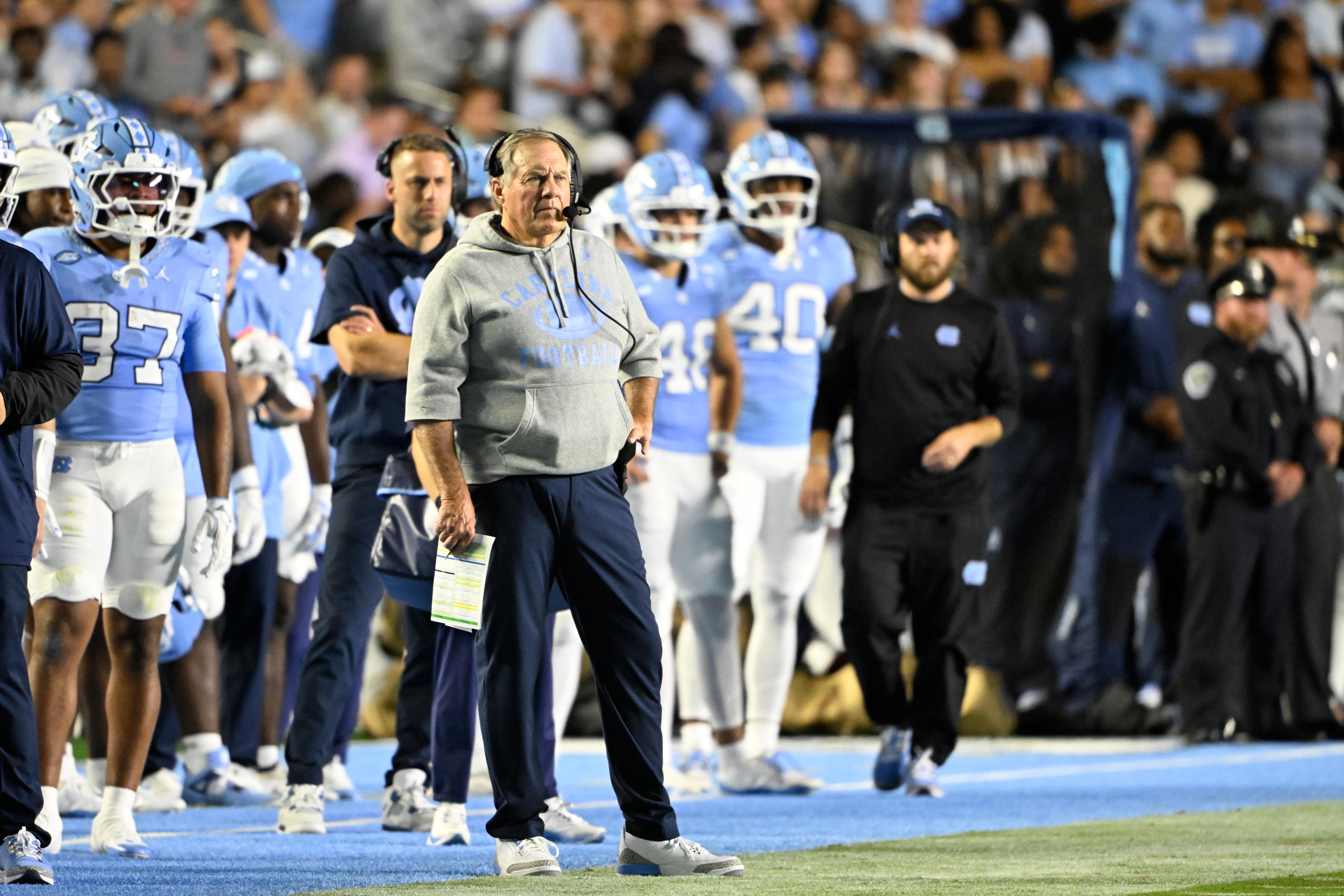Bill Belichick on the sidelines in his first game as North Carolina Tar Heels head coach at Kenan Stadium on Monday, Sept. 1, 2025.