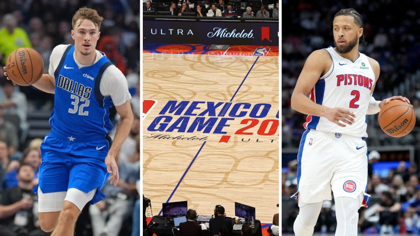 Split image of Cooper Flagg, NBA Mexico Game logo and Cade Cunningham