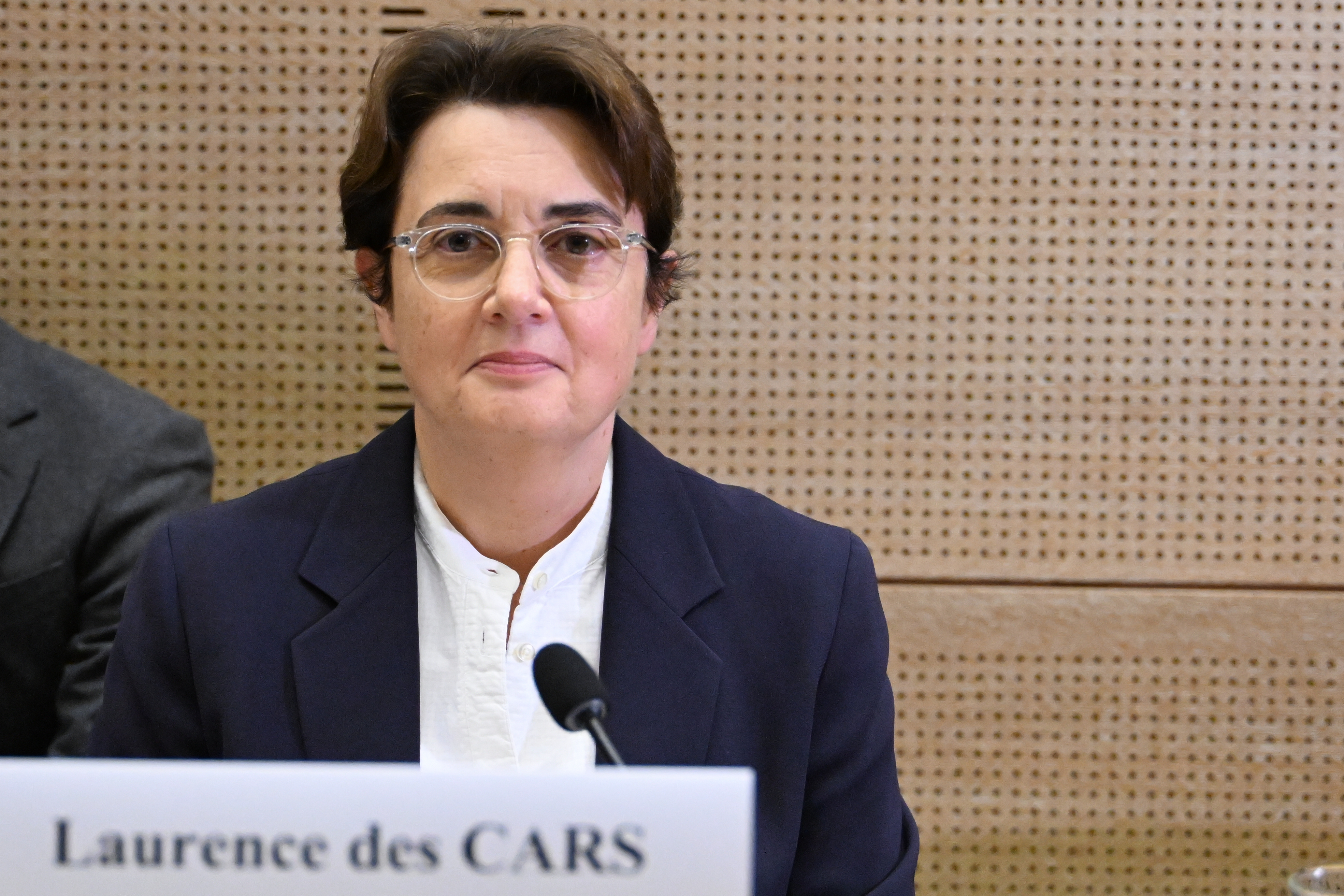 Laurence des Cars, director of Le Louvre museum, poses before a hearing at the Culture commission of the Senate, three days after historic jewels were stolen in a daring daylight heist, Wednesday, Oct. 22, 2025 in Paris.