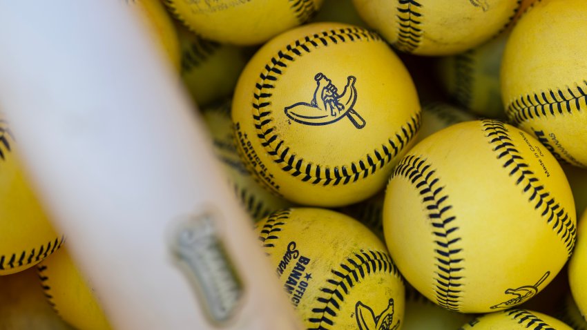 Anaheim, CA – May 30: A bucket of “Banana Balls” sits on the field before the Savannah Bananas take on the Firefighters at Angel Stadium on Friday, May 30, 2025 in Anaheim, CA. (Photo by Luke Johnson/Los Angeles Times via Getty Images)