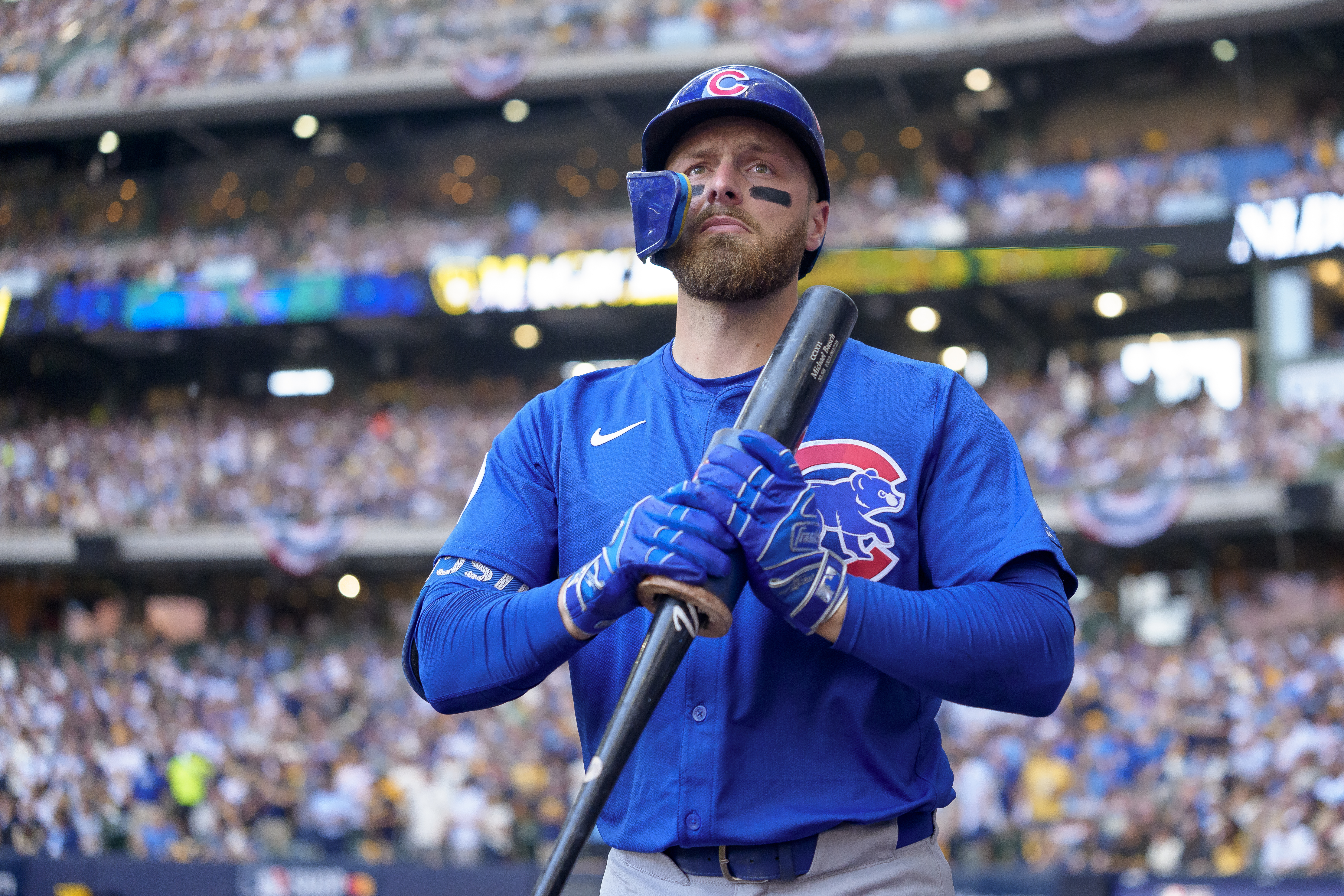 MILWAUKEE, WISCONSIN – OCTOBER 4: Michael Busch #29 of the Chicago Cubs looks on from the on deck area in Game One of the National League Division Series against the Milwaukee Brewers at American Family Field on October 4, 2025 in Milwaukee, Wisconsin. (Photo by Matt Dirksen/Chicago Cubs/Getty Images)