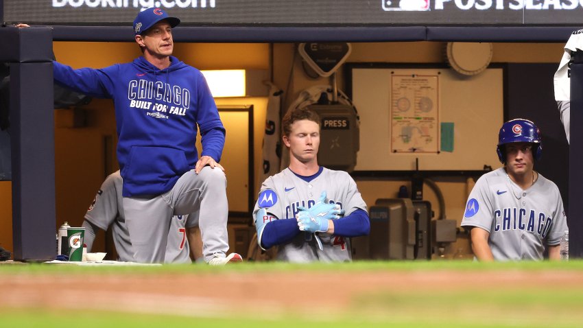 MILWAUKEE, WISCONSIN – OCTOBER 11: Craig Counsell #11 of the Chicago Cubs and Pete Crow-Armstrong #4 of the Chicago Cubs react in the sixth inning during game five of the National League Division Series against the Milwaukee Brewers at American Family Field on October 11, 2025 in Milwaukee, Wisconsin. (Photo by Michael Reaves/Getty Images)