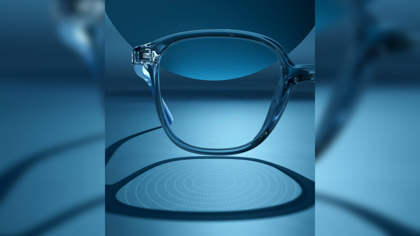 In this undated photo provided by EssilorLuxottica refractions caused by lenslets embedded in the company’s Stellest eyeglass lens are projected onto a table.