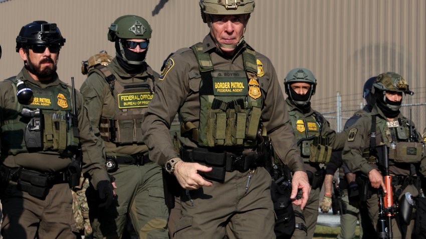 Gregory Bovino, the chief U.S. Border Patrol agent, center, leads several federal agents toward protesters as dozens of protesters clash with federal agents and Illinois State police near the U.S. Immigration and Customs Enforcement holding facility in Broadview, Illinois, on Oct. 3, 2025. (Antonio Perez/Chicago Tribune/Tribune News Service via Getty Images)