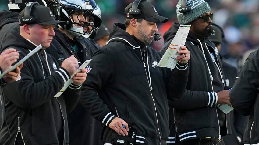 PHILADELPHIA, PENNSYLVANIA – NOVEMBER 28: Offensive coordinator Kevin Patullo of the Philadelphia Eagles looks on against the Chicago Bears at Lincoln Financial Field on November 28, 2025 in Philadelphia, United States. (Photo by Mitchell Leff/Getty Images)
