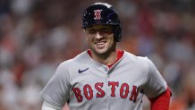 HOUSTON, TEXAS - AUGUST 12: Alex Bregman #2 of the Boston Red Sox reacts after a two run home run during the sixth inning against the Houston Astros at Daikin Park on August 12, 2025 in Houston, Texas. (Photo by Alex Slitz/Getty Images)
