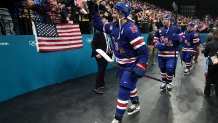 Matthew Tkachuk of USA celebrates after the men's hockey quarterfinal against Sweden.