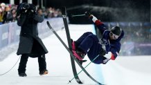 LIVIGNO, ITALY - FEBRUARY 20: Nick Goepper of Team United States crashes as he competes in the third run of the Men's Freeski Halfpipe Final on day fourteen of the Milano Cortina 2026 Winter Olympic games at Livigno Snow Park on February 20, 2026 in Livigno, Italy. (Photo by Adam Pretty/Getty Images)