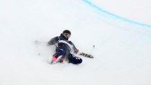 LIVIGNO, ITALY - FEBRUARY 20: Nick Goepper of Team United States crashes as he competes in the third run of the Men's Freeski Halfpipe Final on day fourteen of the Milano Cortina 2026 Winter Olympic games at Livigno Snow Park on February 20, 2026 in Livigno, Italy. (Photo by Patrick Smith/Getty Images)