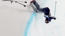 LIVIGNO, ITALY - FEBRUARY 20: Nick Goepper of Team United States crashes as he competes in the third run of the Men's Freeski Halfpipe Final on day fourteen of the Milano Cortina 2026 Winter Olympic games at Livigno Snow Park on February 20, 2026 in Livigno, Italy. (Photo by Cameron Spencer/Getty Images)