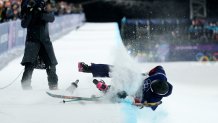 LIVIGNO, ITALY - FEBRUARY 20: Nick Goepper of Team United States crashes as he competes in the third run of the Men's Freeski Halfpipe Final on day fourteen of the Milano Cortina 2026 Winter Olympic games at Livigno Snow Park on February 20, 2026 in Livigno, Italy. (Photo by Adam Pretty/Getty Images)