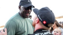 AUSTIN, TEXAS - MARCH 01: Michael Jordan, NBA Hall of Famer and co-owner of 23XI Racing celebrates with Tyler Reddick, driver of the #45 Chumba Casino Toyota, after winning his third race in a row to start the 2026 NASCAR season winning the NASCAR Cup Series DuraMax Grand Prix Powered by RelaDyne at Circuit of The Americas on March 01, 2026 in Austin, Texas. (Photo by James Gilbert/Getty Images)