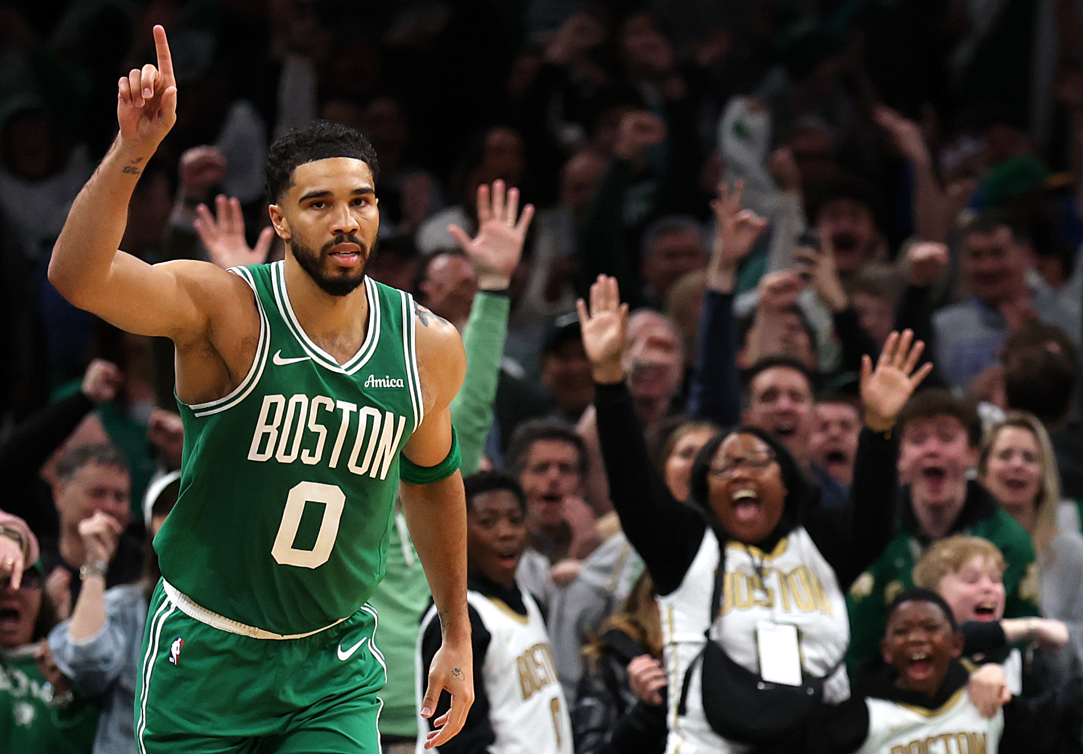 Jayson Tatum #0 of the Boston Celtics celebrates after scoring against the Dallas Mavericks during the second quarter at TD Garden on March 06, 2026 in Boston, Massachusetts. NOTE TO USER: User expressly acknowledges and agrees that, by downloading and/or using this Photograph, user is consenting to the terms and conditions of the Getty Images License Agreement.