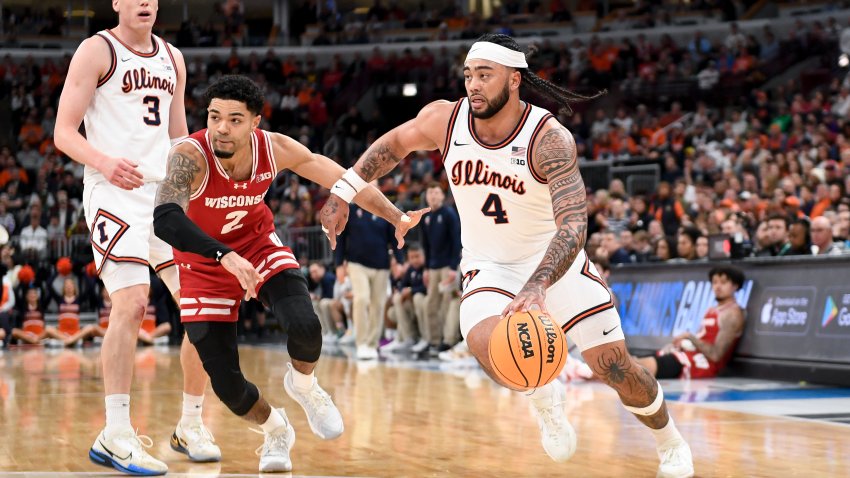 CHICAGO, ILLINOIS – MARCH 13: Kylan Boswell #4 of the Illinois Fighting Illini dribbles past Nick Boyd #2 of the Wisconsin Badgers during the quarterfinals at the Big Ten Men’s Basketball Championships at the United Center on March 13, 2026 in Chicago, Illinois. (Photo by Bill Smith/Big Ten/University Images via Getty Images)