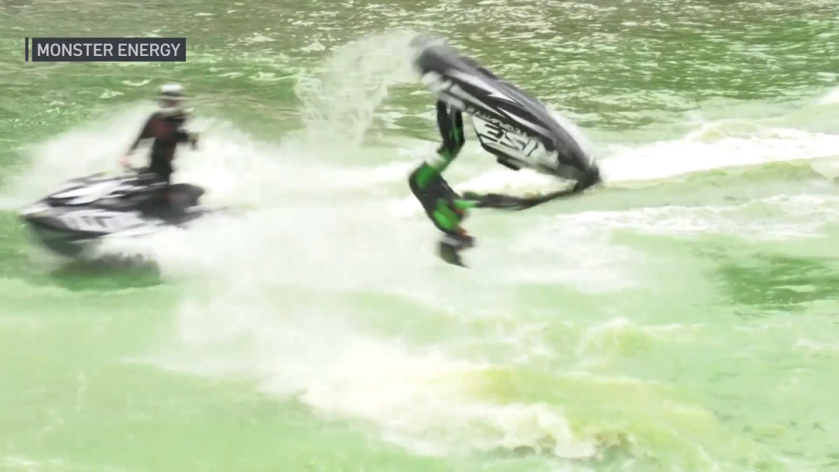 Watch Monster Energy's thrilling jet ski stunt show on the green Chicago River