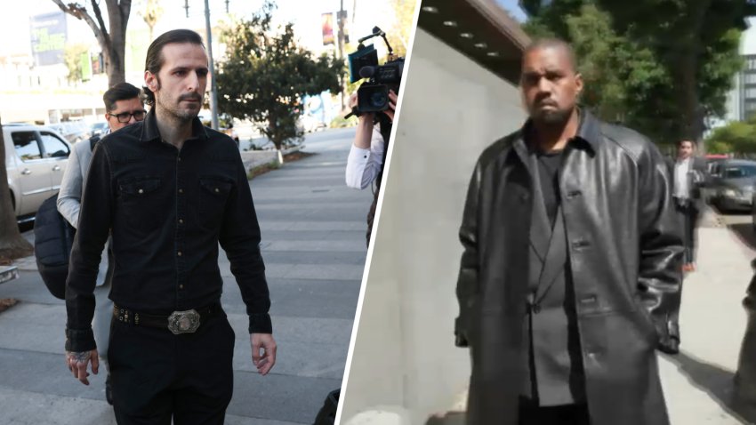 Plaintiff Tony Saxon (left) arrives in court alongside an image of rapper Ye leaving court in Los Angeles March 6, 2026.