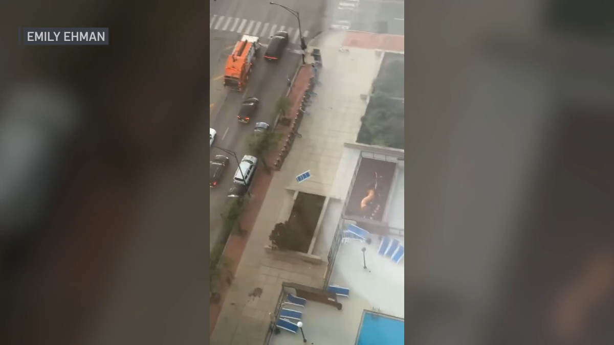 WATCH: Severe storms send pool deck furniture flying into traffic in Chicago