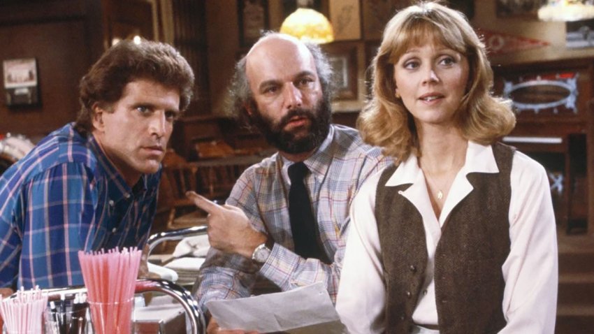 James Burrows, center, with Ted Danson and Shelley Long on the set of "Cheers."