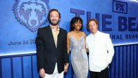 NEW YORK, NEW YORK – JUNE 15: Ebon Moss-Bachrach, Ayo Edebiri, and Jeremy Allen White attend FX’s “The Bear” Final Family Meal Event red carpet at Nine Orchard on June 15, 2026 in New York City. (Photo by John Nacion/FX via Getty Images)