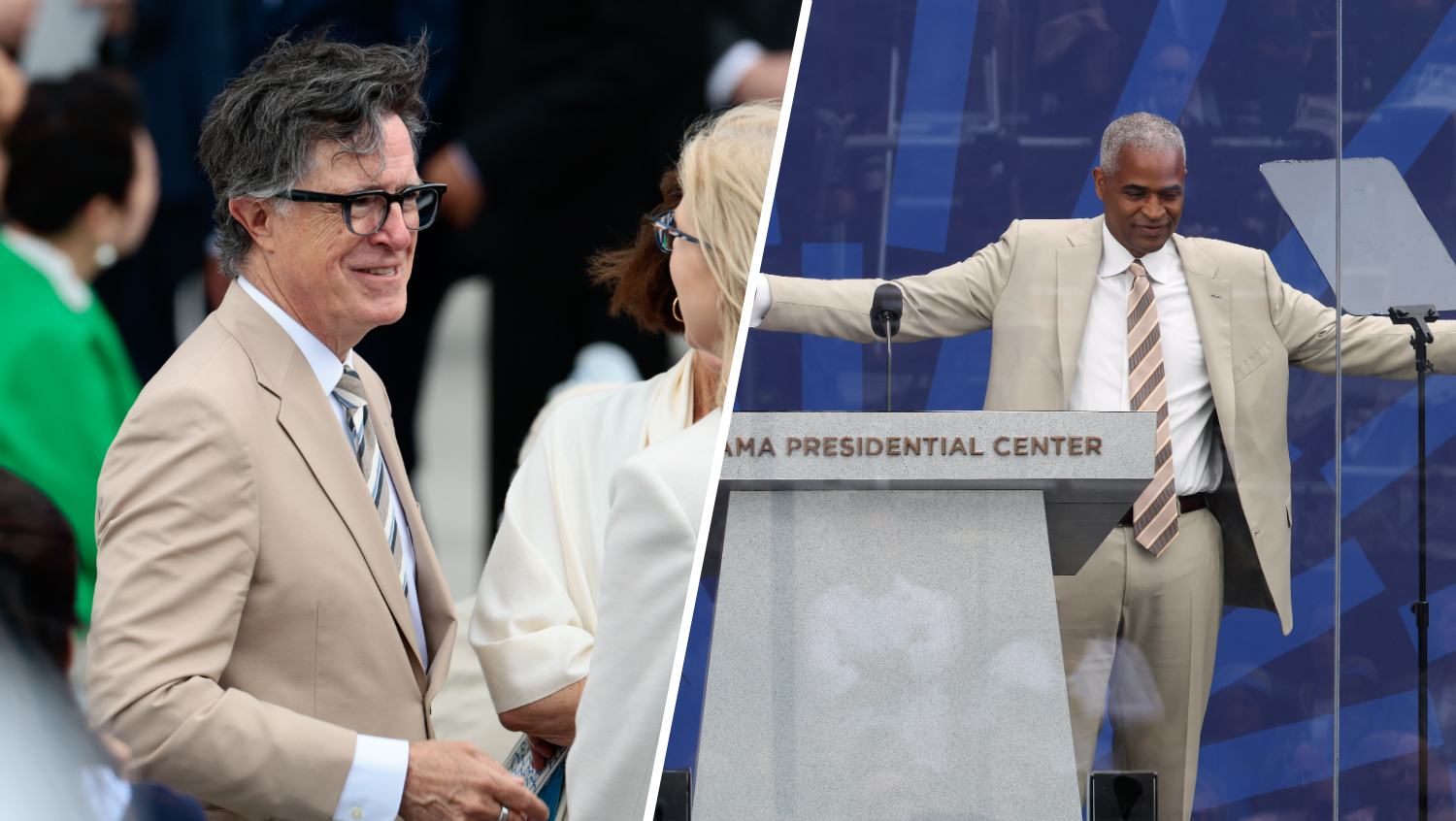 Several sport tan suits at Obama Presidential Center grand opening ceremony