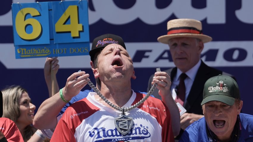 Joey Chestnut wins the 2026 Nathan’s Famous Fourth of July hot dog eating contest at Coney Island in the Brooklyn borough of New York, Saturday, July 4, 2026.