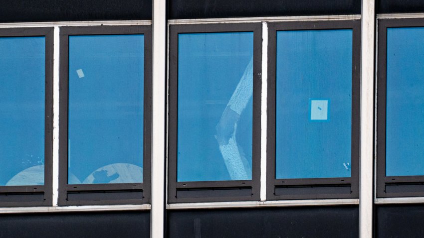 A buckled support beam is seen inside 235 East 42nd Street, Tuesday, July 7, 2026, in New York.