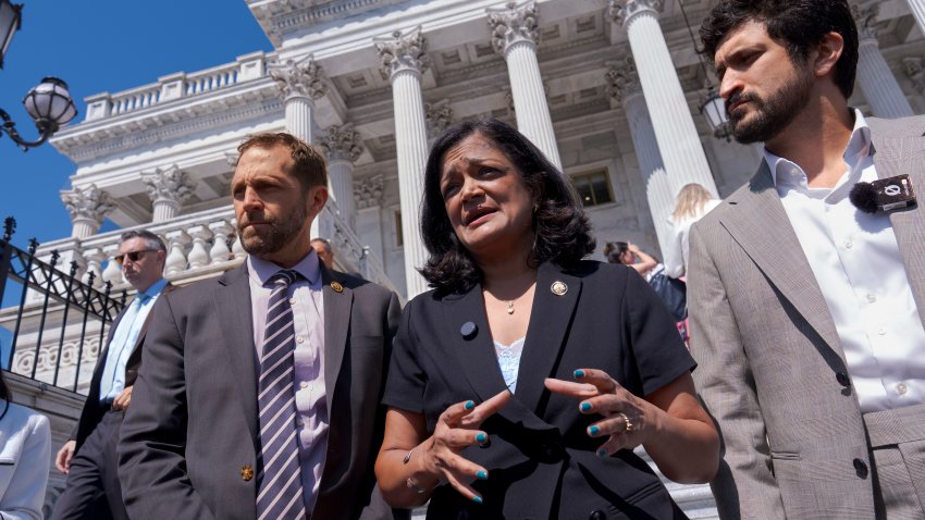 From left, Rep. Jason Crow, D-Colo., Rep. Pramila Jayapal, D-Wash., and Rep. Greg Casar, D-Texas