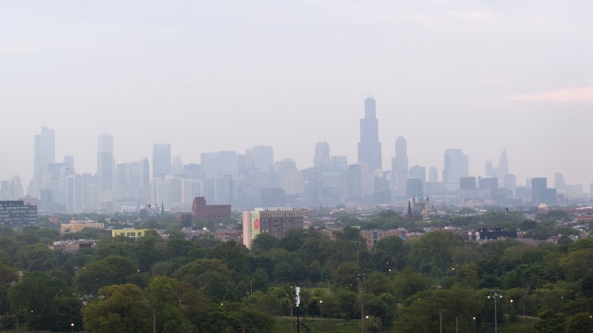 CHICAGO, ILLINOIS – JUNE 06: An aerial view shows smoke from Canadian wildfires dimming the city’s skyline on June 06, 2025 in Chicago, Illinois. The city has been under an air quality alert for the past two days, with vulnerable residents encouraged to limit their time outdoors.   (Photo by Scott Olson/Getty Images)