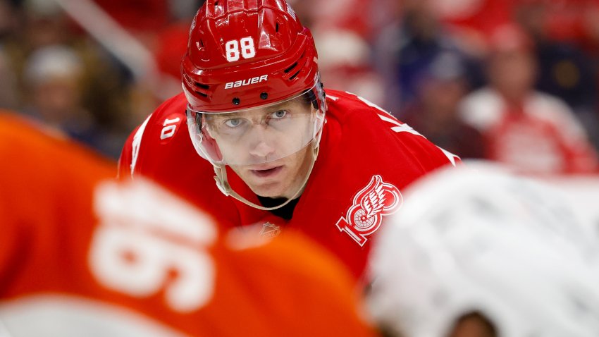 Mar 28, 2026; Detroit, Michigan, USA;  Detroit Red Wings right wing Patrick Kane (88) gets set during a face off in the second period against the Philadelphia Flyers at Little Caesars Arena. Mandatory Credit: Rick Osentoski-Imagn Images