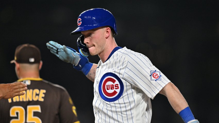 Jun 29, 2026; Chicago, Illinois, USA; Chicago Cubs center fielder Pete Crow-Armstrong (4) reacts after hitting a single against the San Diego Padres during the ninth inning at Wrigley Field. Mandatory Credit: Patrick Gorski-Imagn Images
