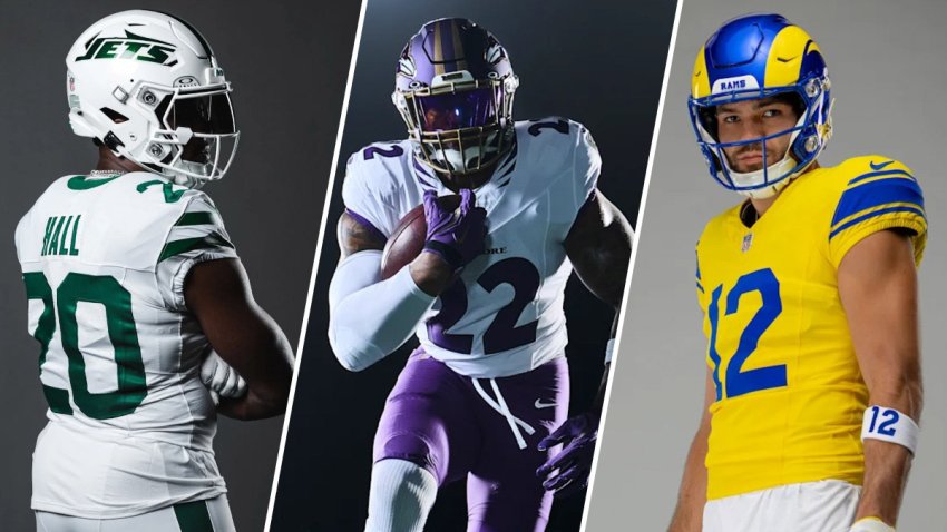 Split image of Jets, Ravens and Rams uniforms
