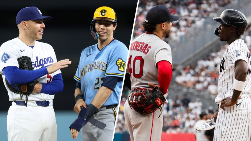 Split image of Freddie Freeman, Christian Yelich, Willson Contreras and Jazz Chisholm