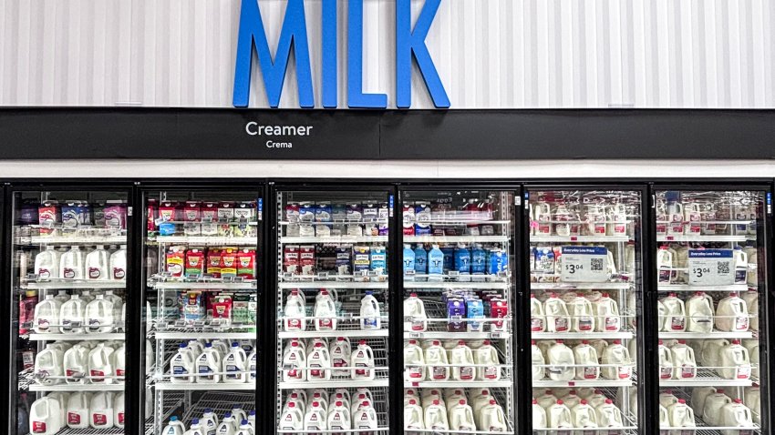 Bottles of milk are seen at a supermarket in Houston, Texas, on August 11, 2026. Oil prices bounced around before finishing higher Tuesday while global stocks were mixed as markets awaited a key inflation report expected to influence upcoming monetary policy decisions. (Photo by RONALDO SCHEMIDT / AFP via Getty Images)