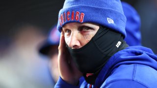 CHICAGO, ILLINOIS – SEPTEMBER 22: Alex Bregman #3 of the Chicago Cubs looks on during the fourth inning from the dugout after being hit with a foul ball earlier this week at Wrigley Field on September 22, 2026 in Chicago, Illinois. (Photo by Isaac Wasserman/Getty Images)