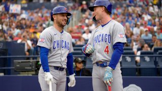 ST PETERSBURG, FLORIDA – SEPTEMBER 27: Pete Crow-Armstrong #4 and Alex Bregman #3 of the Chicago Cubs look on before in a game against the Boston Red Sox at Tropicana Field on September 27, 2026 in St Petersburg, Florida. (Photo by Matt Dirksen/Chicago Cubs/Getty Images)