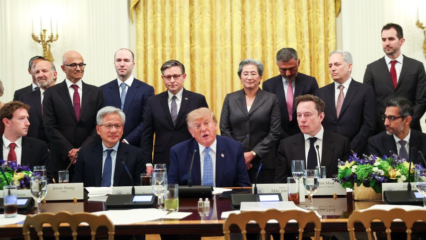 President Donald Trump makes a statement while he is seated with CEO of Meta Platforms Mark Zuckerberg, Nvidia CEO Jensen Huang, Tesla, SpaceX and X CEO Elon Musk, and Google CEO Sundar Pichai during a meeting with AI executives in the East Room of the White House on September 29, 2026 in Washington, DC. The meeting comes as some have called for a slowdown in AI development amid rising safety concerns.
