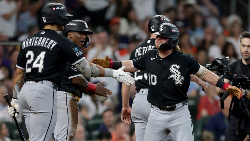 HOUSTON, TEXAS – SEPTEMBER 30: Chase Meidroth #10 of the Chicago White Sox celebrates with Braden Montgomery #24 after hitting a three run home run against the Houston Astros during the sixth inning in game two of the American League Wild Card Series at Daikin Park on September 30, 2026 in Houston, Texas.  (Photo by Kenneth Richmond/Getty Images)