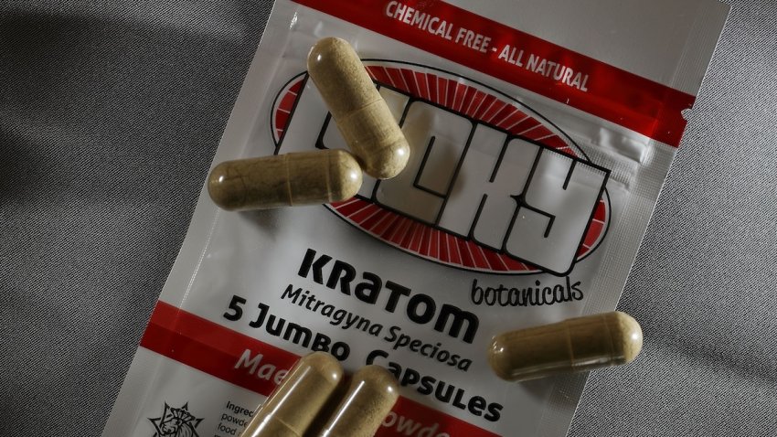Capsules of the herbal supplement Kratom are seen on May 10, 2016 in Miami, Florida.