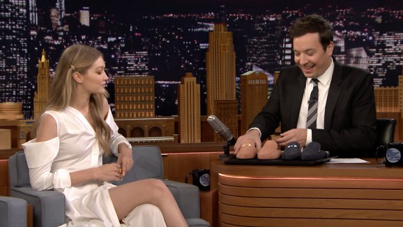 Tonight Gigi Hadid Gives Jimmy Fallon One Of A Kind Shoes